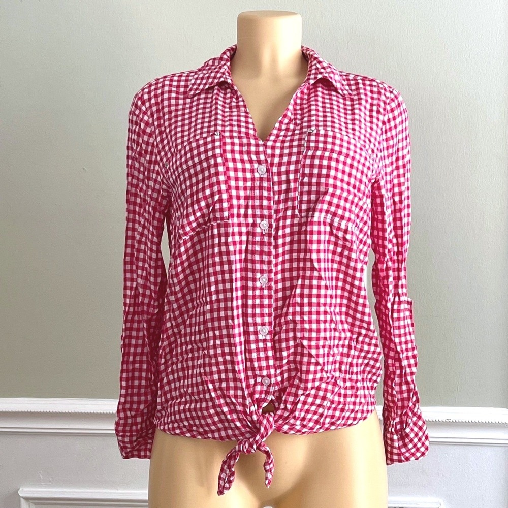 Jones New York Gingham Button Front Shirt Womens Size M Tie Hem Red White Picnic
